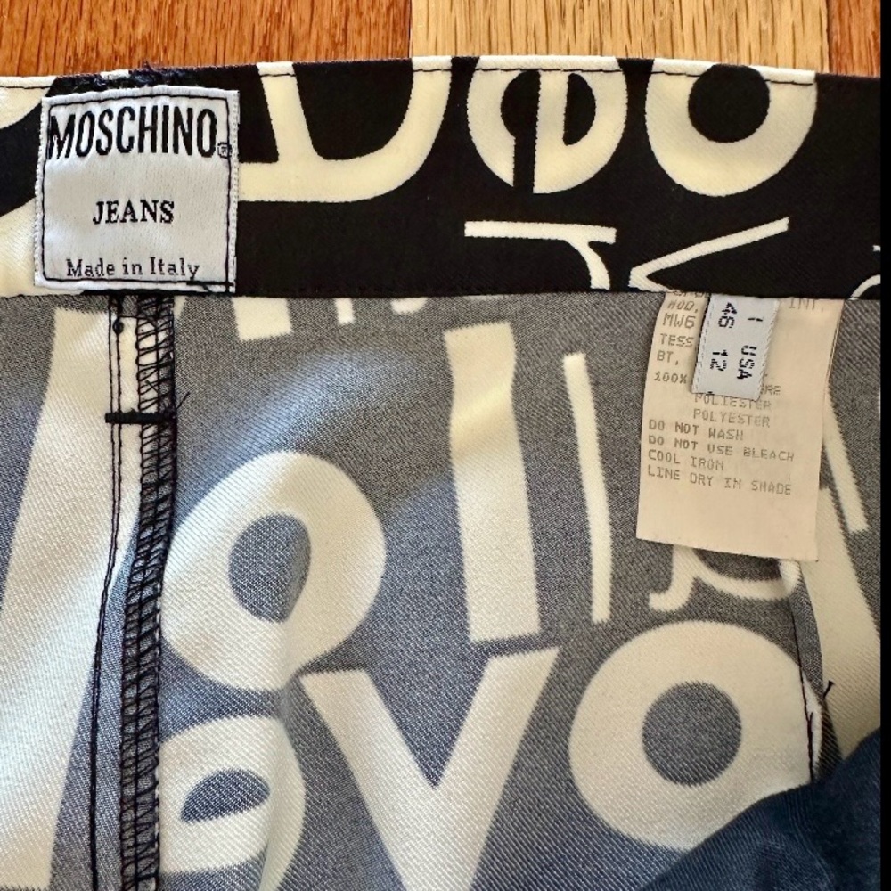 1990s MOSCHINO JEANS LOVE ALL OVER PANTS TROUSERS BLACK CREAM NANNY FINE US 12 - Picture 7 of 9